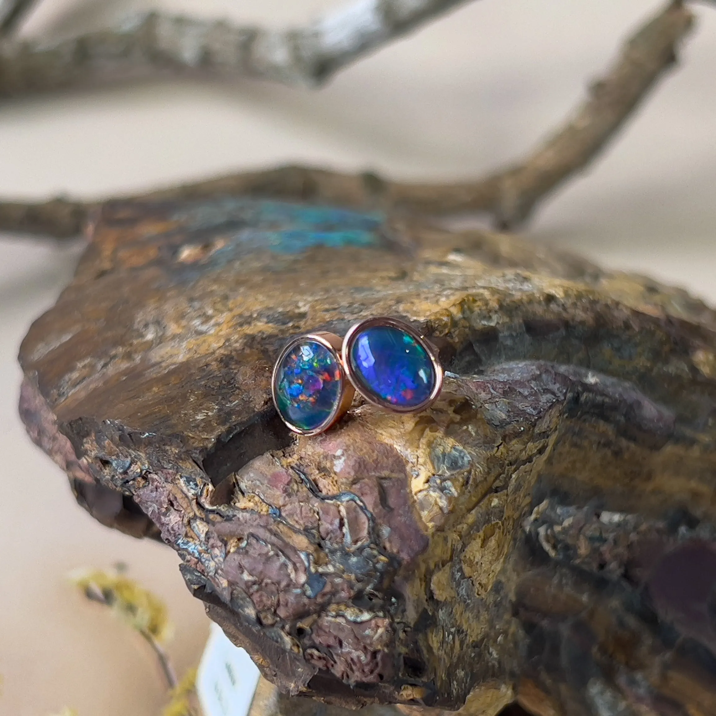Handmade Opal Stud Earrings - Rose Gold/Silver | Dainty & Minimalist | Cute Gift for Her | Crystal & Fire Opal Jewelry8x6mm