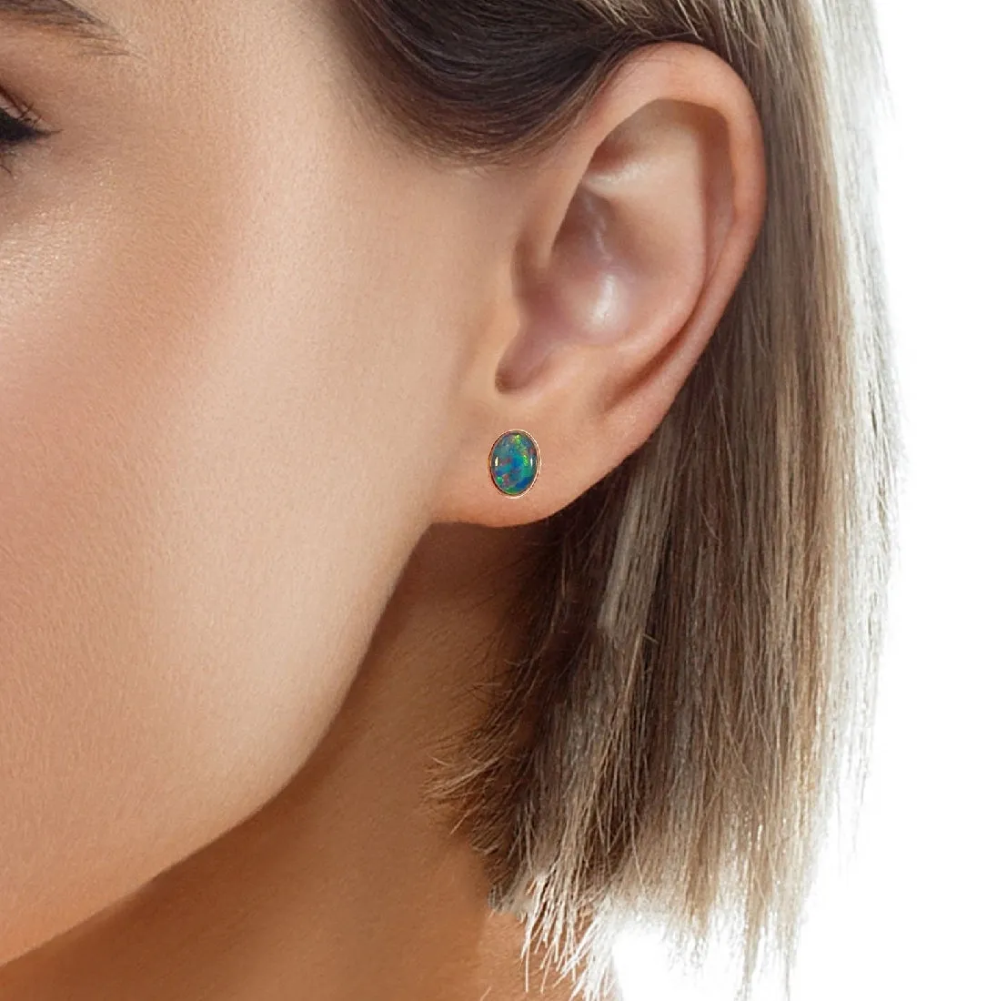 Handmade Opal Stud Earrings - Rose Gold/Silver | Dainty & Minimalist | Cute Gift for Her | Crystal & Fire Opal Jewelry8x6mm