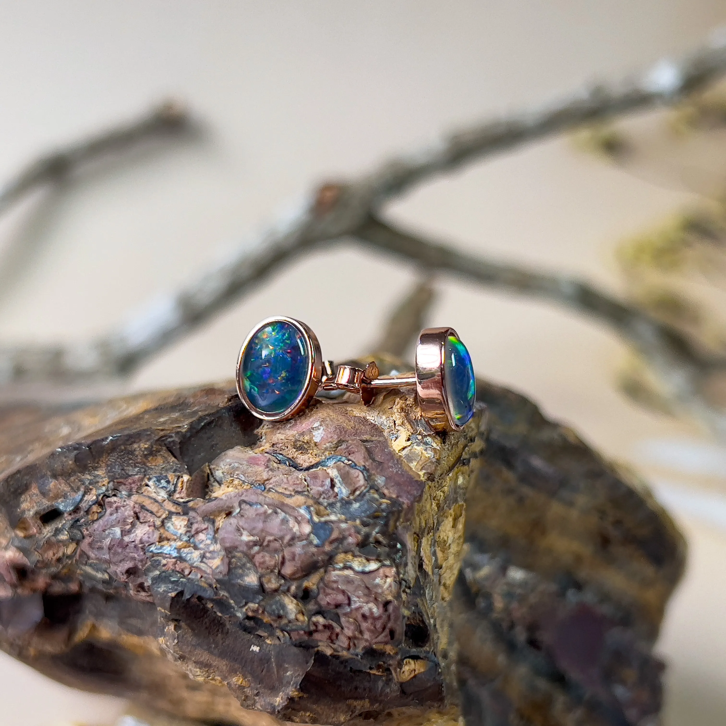 Handmade Opal Stud Earrings - Rose Gold/Silver | Dainty & Minimalist | Cute Gift for Her | Crystal & Fire Opal Jewelry8x6mm
