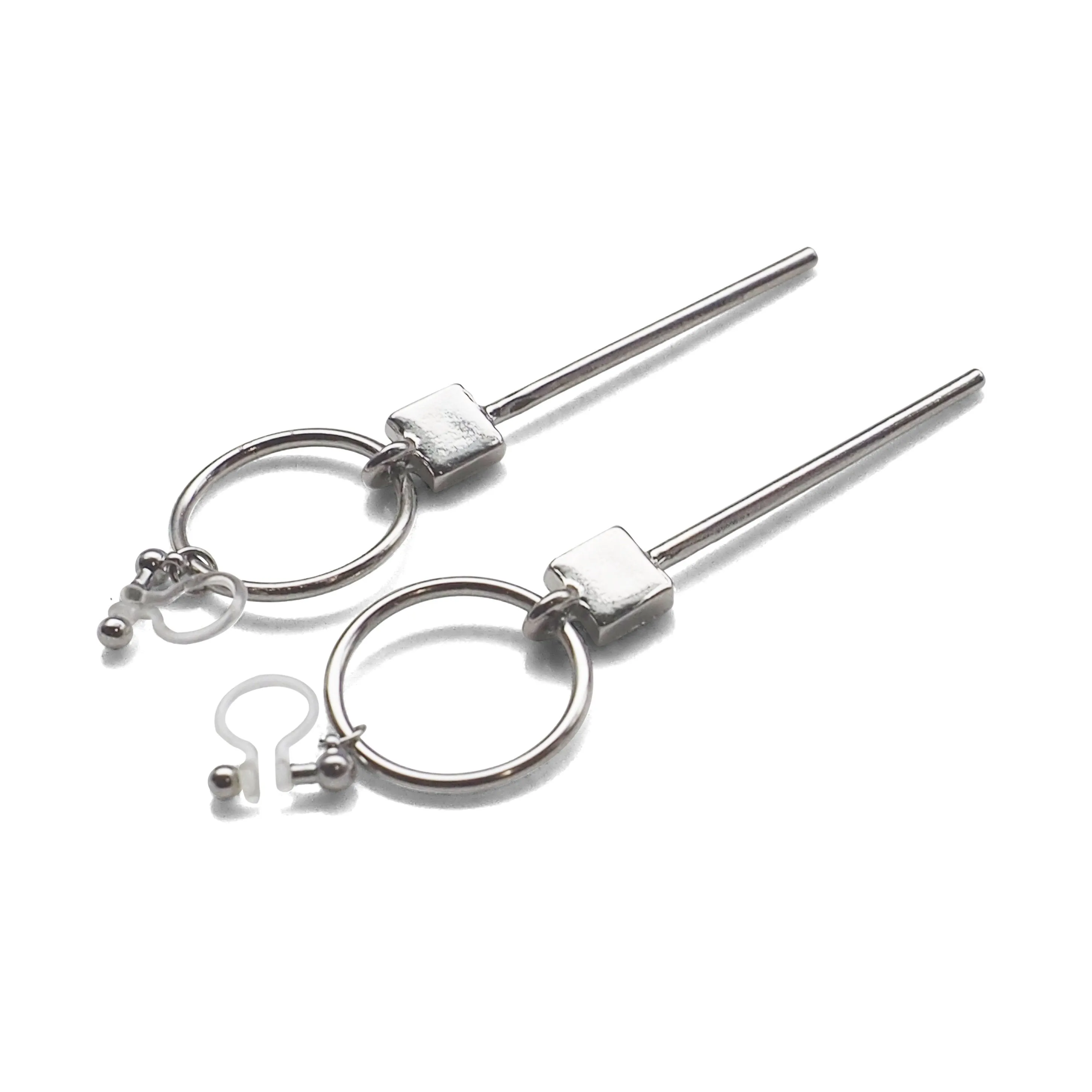 Hoop and Bar Invisible Clip On Earrings ( Silver tone )