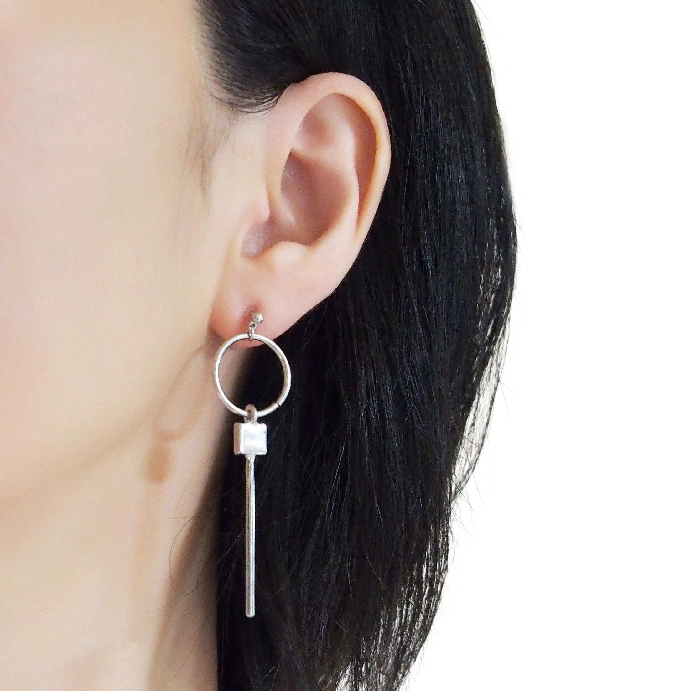 Hoop and Bar Invisible Clip On Earrings ( Silver tone )