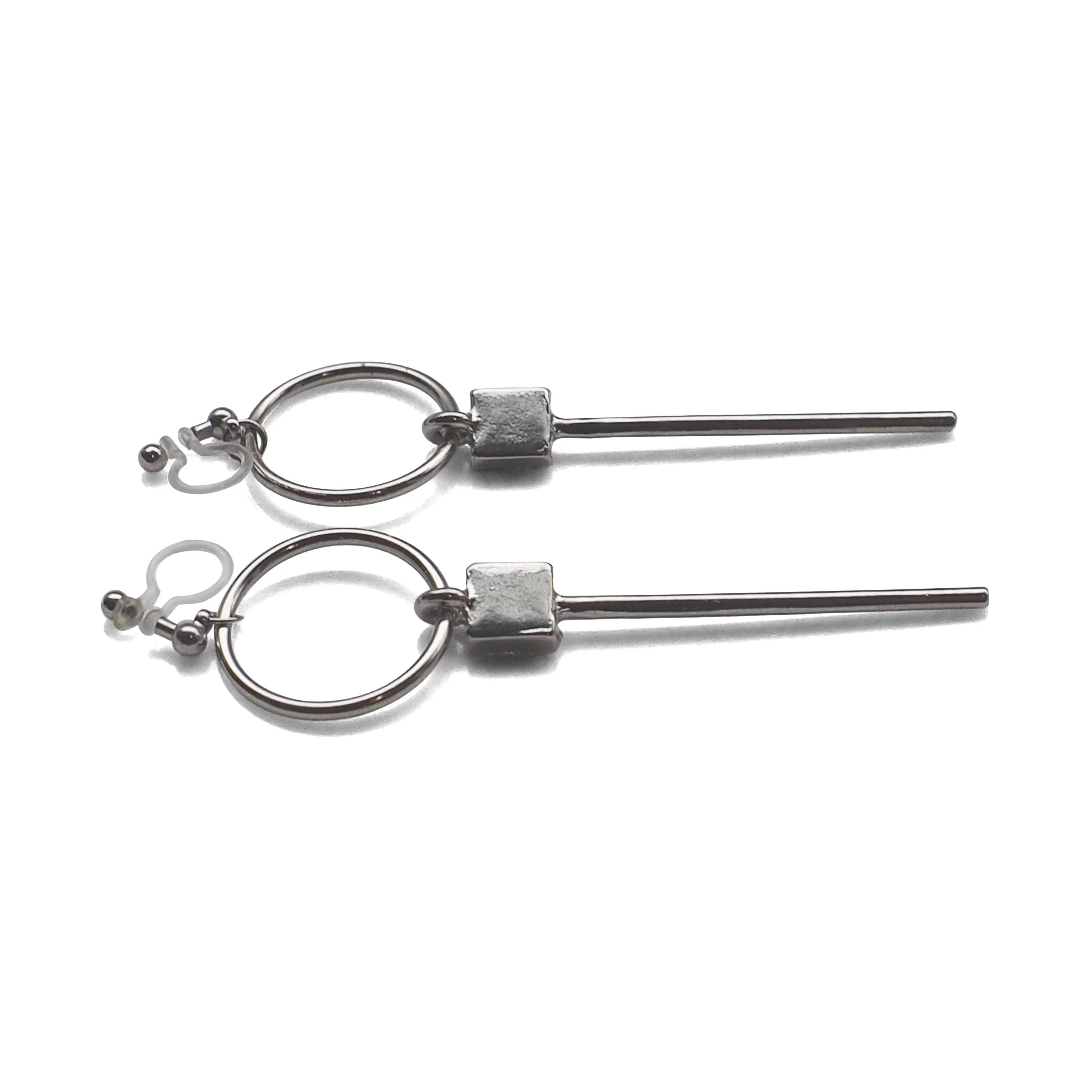 Hoop and Bar Invisible Clip On Earrings ( Silver tone )