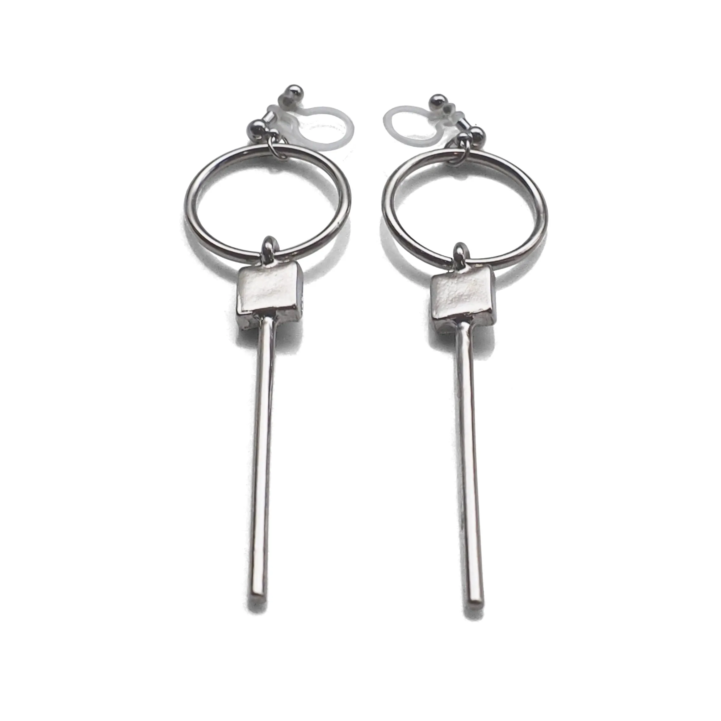Hoop and Bar Invisible Clip On Earrings ( Silver tone )
