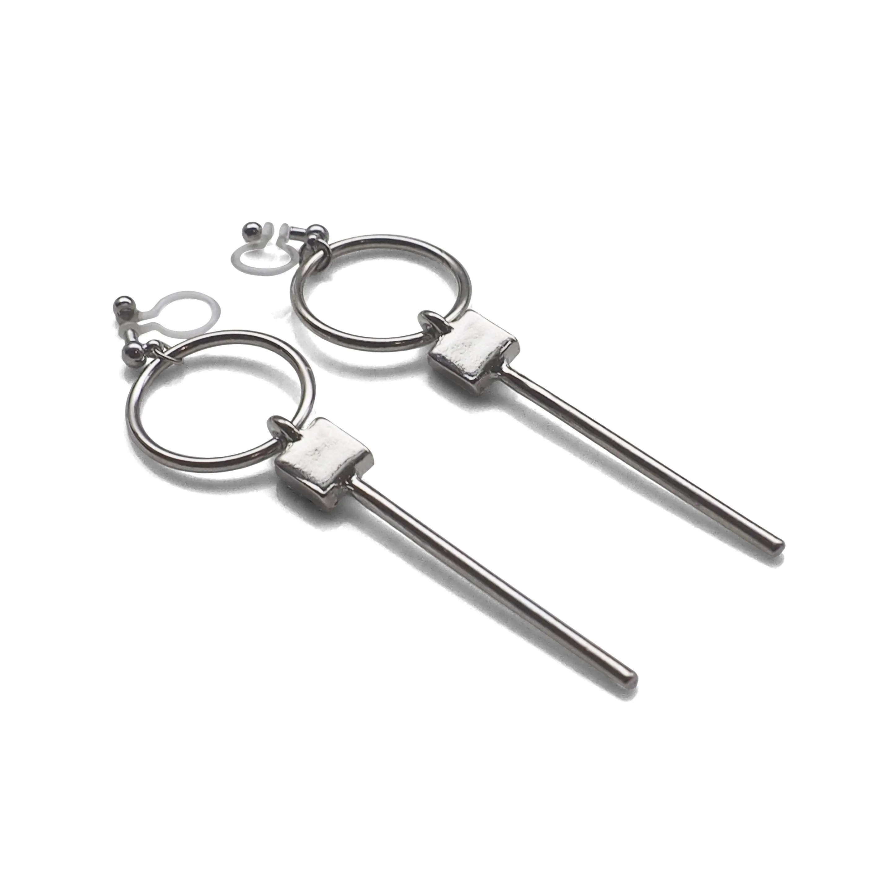 Hoop and Bar Invisible Clip On Earrings ( Silver tone )