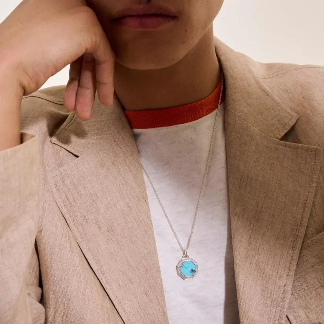 ID Tags Silver Octagon Pendant with Treated Turquoise Necklace by John Hardy