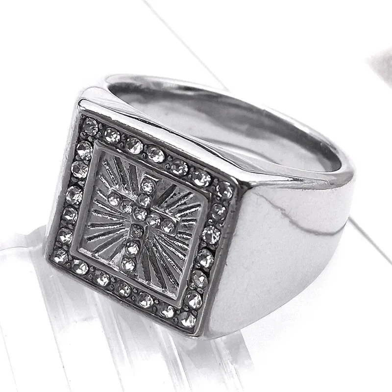 Jesus Christ Cross Chunky Ring for Men Women Stainless Steel Crystals Gold Color