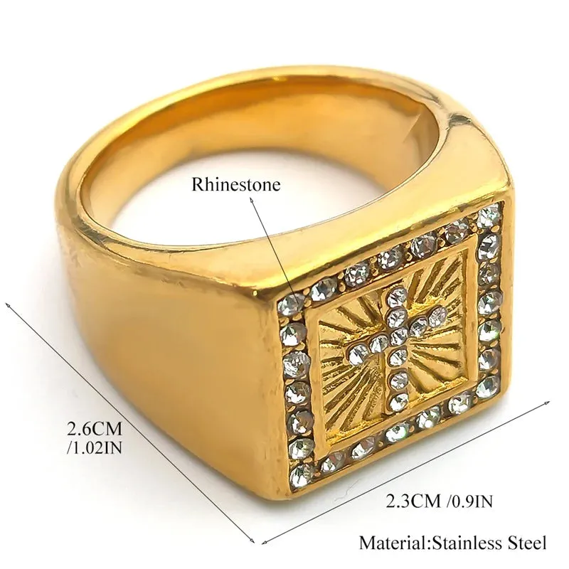 Jesus Christ Cross Chunky Ring for Men Women Stainless Steel Crystals Gold Color