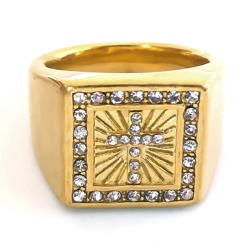 Jesus Christ Cross Chunky Ring for Men Women Stainless Steel Crystals Gold Color
