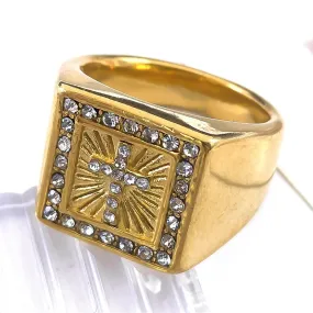 Jesus Christ Cross Chunky Ring for Men Women Stainless Steel Crystals Gold Color