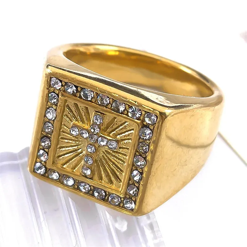 Jesus Christ Cross Chunky Ring for Men Women Stainless Steel Crystals Gold Color