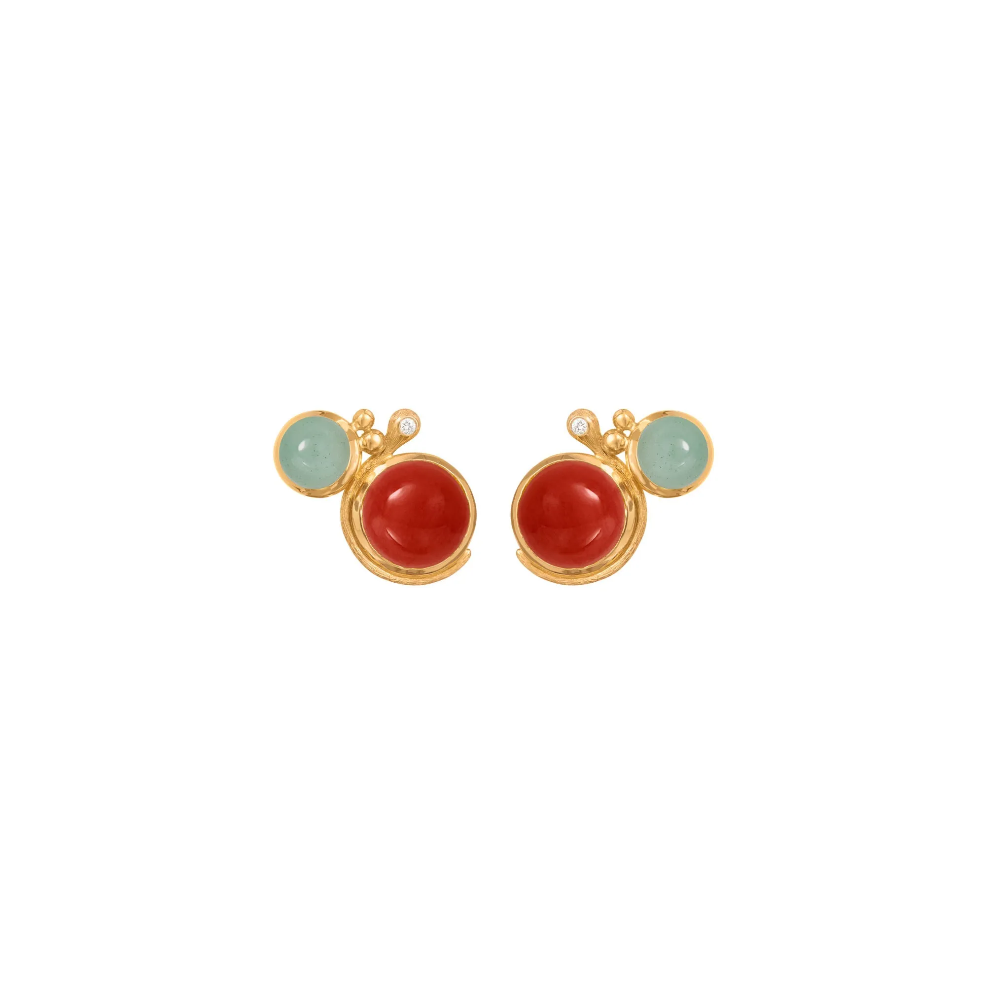 Lotus 18K Gold Studs w. Aquamarine, Coral & Diamond