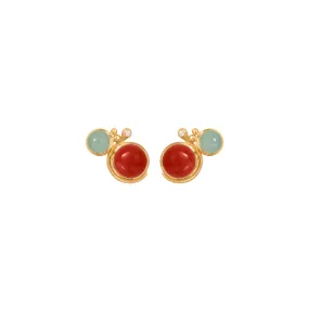 Lotus 18K Gold Studs w. Aquamarine, Coral & Diamond