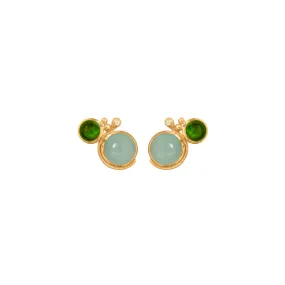 Lotus 18K Gold Studs w. Aquamarine, Tourmaline & Diamond