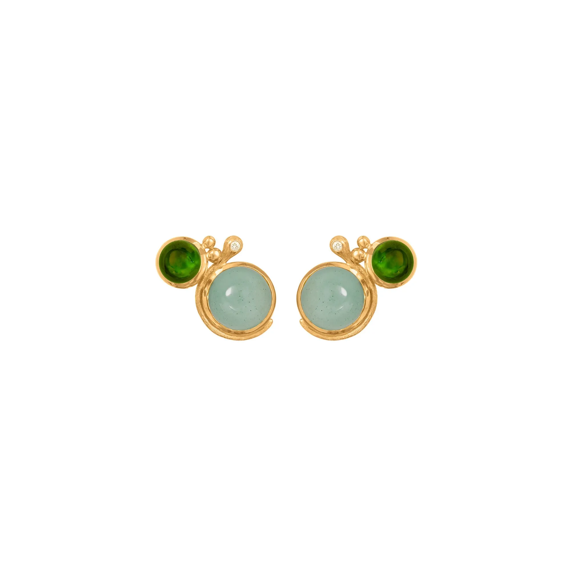 Lotus 18K Gold Studs w. Aquamarine, Tourmaline & Diamond