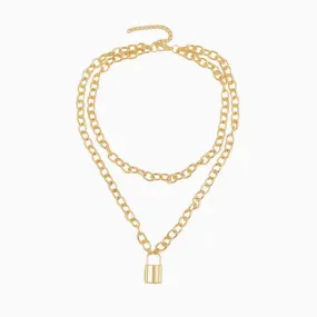 Modern Lock Pendant Chain-Link Layered Necklace - Gold