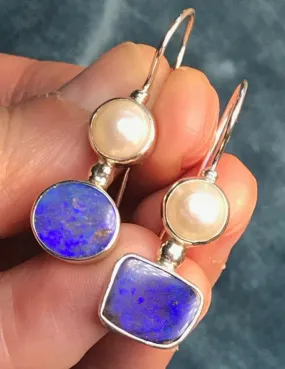 Purple-Blue Australian Opal Doublet & Pearl Silver Earrings. Large 1.5