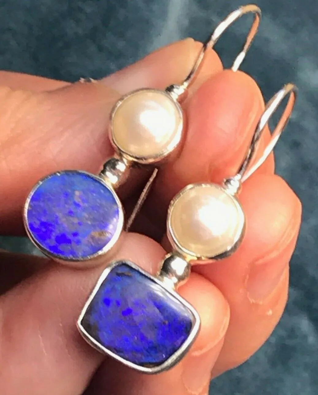 Purple-Blue Australian Opal Doublet & Pearl Silver Earrings. Large 1.5