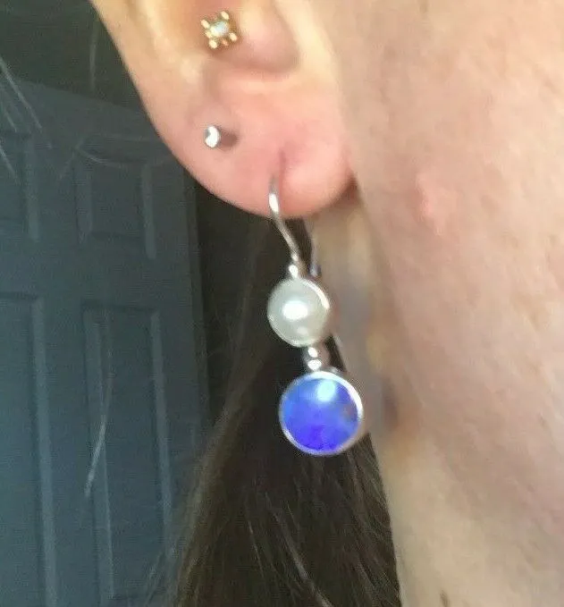 Purple-Blue Australian Opal Doublet & Pearl Silver Earrings. Large 1.5