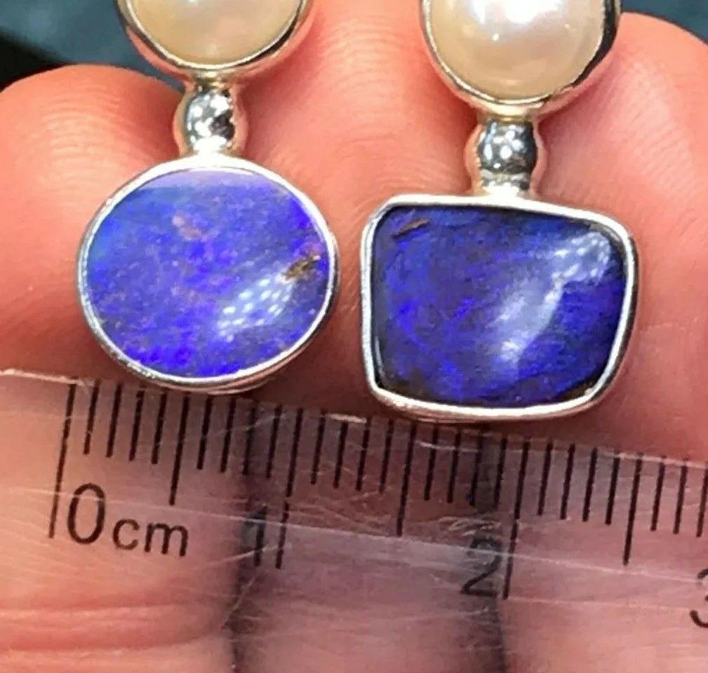 Purple-Blue Australian Opal Doublet & Pearl Silver Earrings. Large 1.5