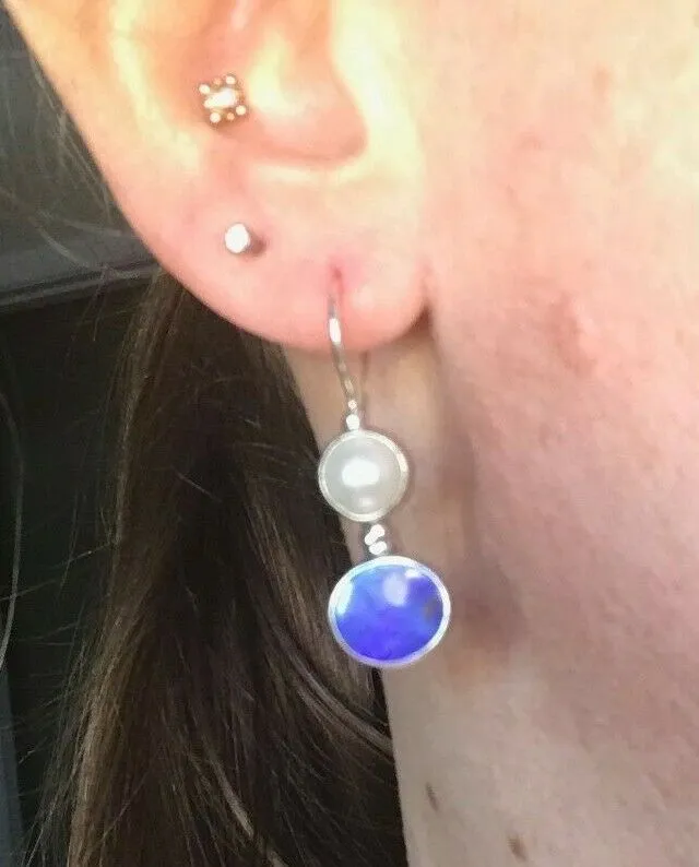 Purple-Blue Australian Opal Doublet & Pearl Silver Earrings. Large 1.5