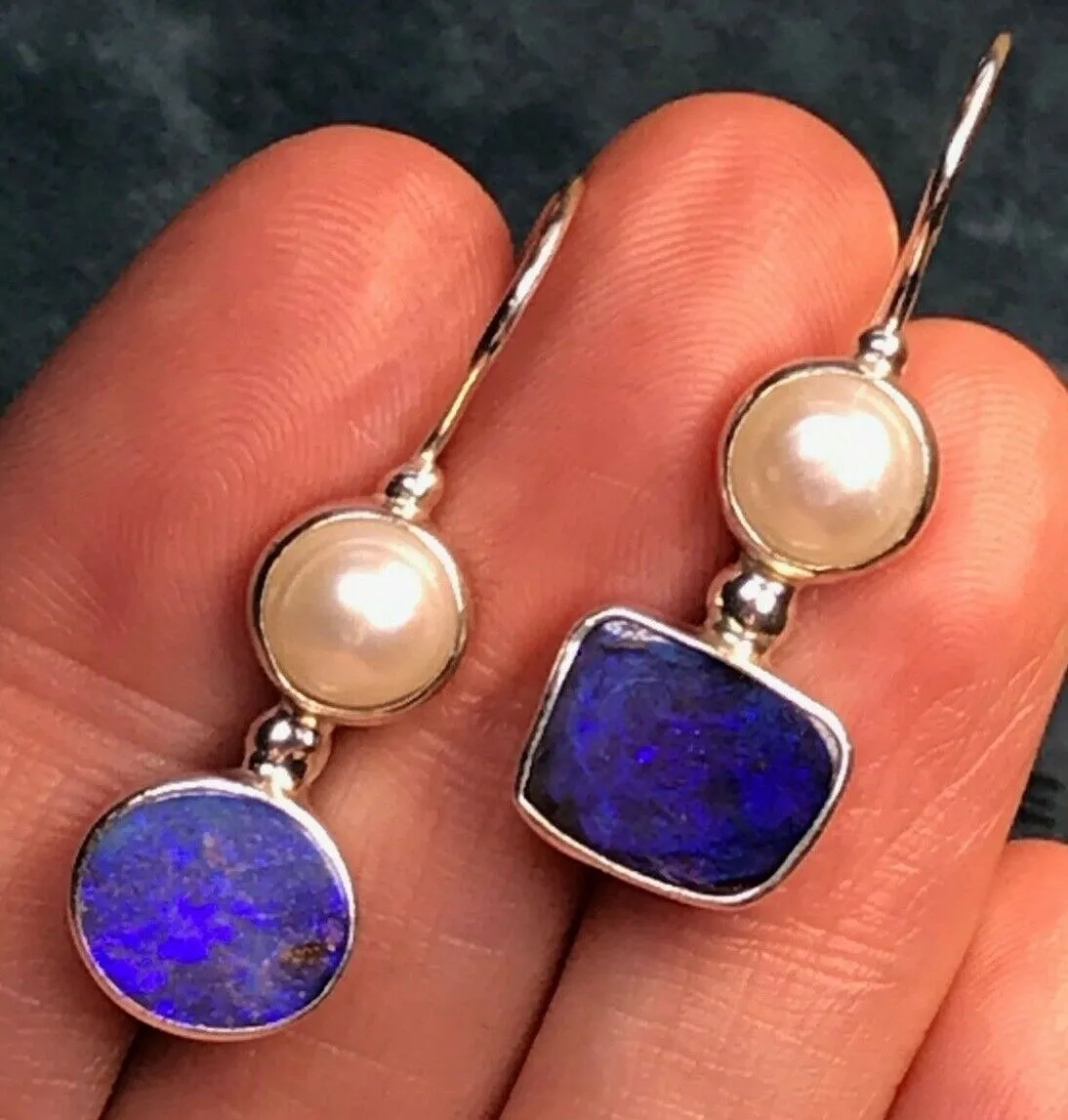Purple-Blue Australian Opal Doublet & Pearl Silver Earrings. Large 1.5