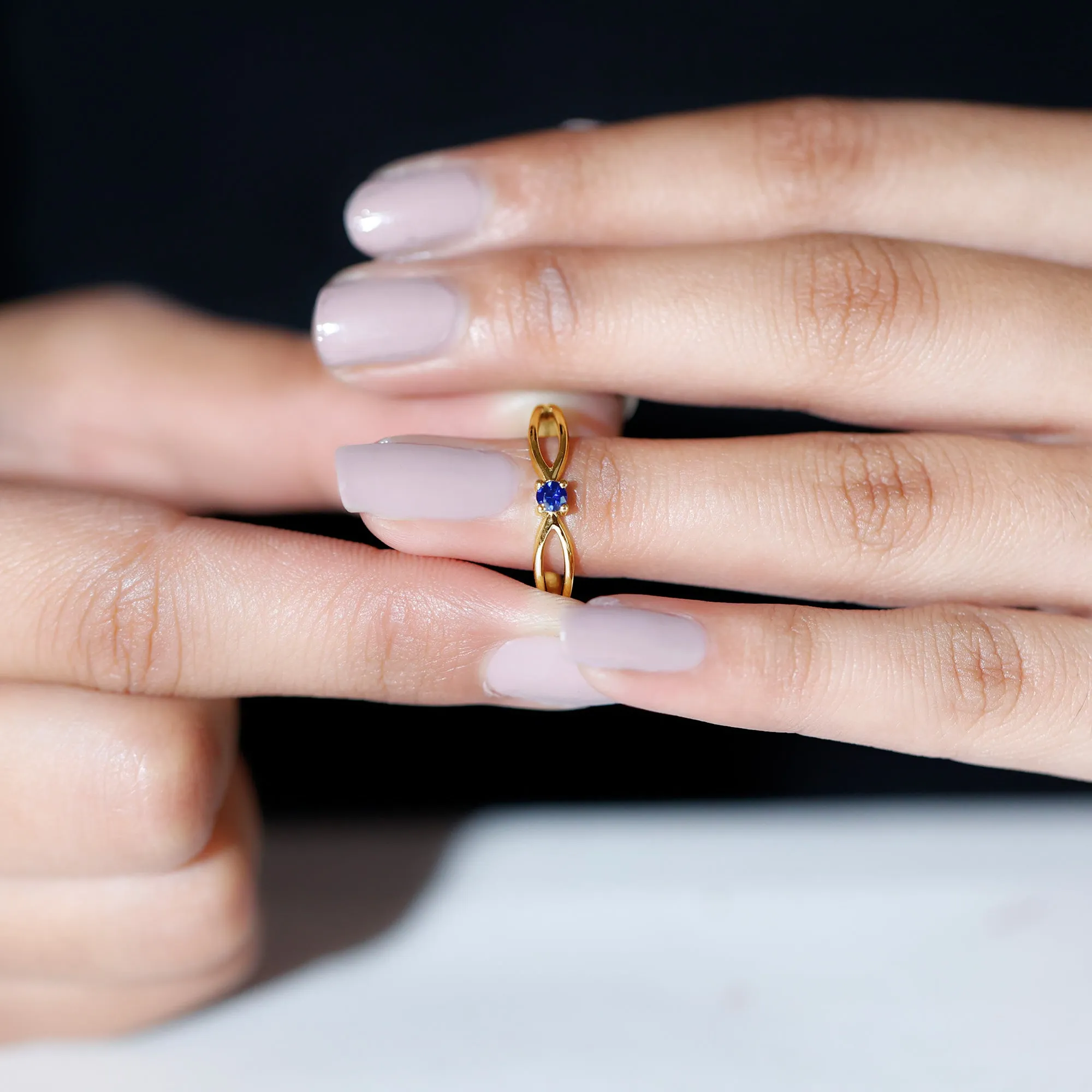Real Blue Sapphire Minimal Promise Ring with Split Shank