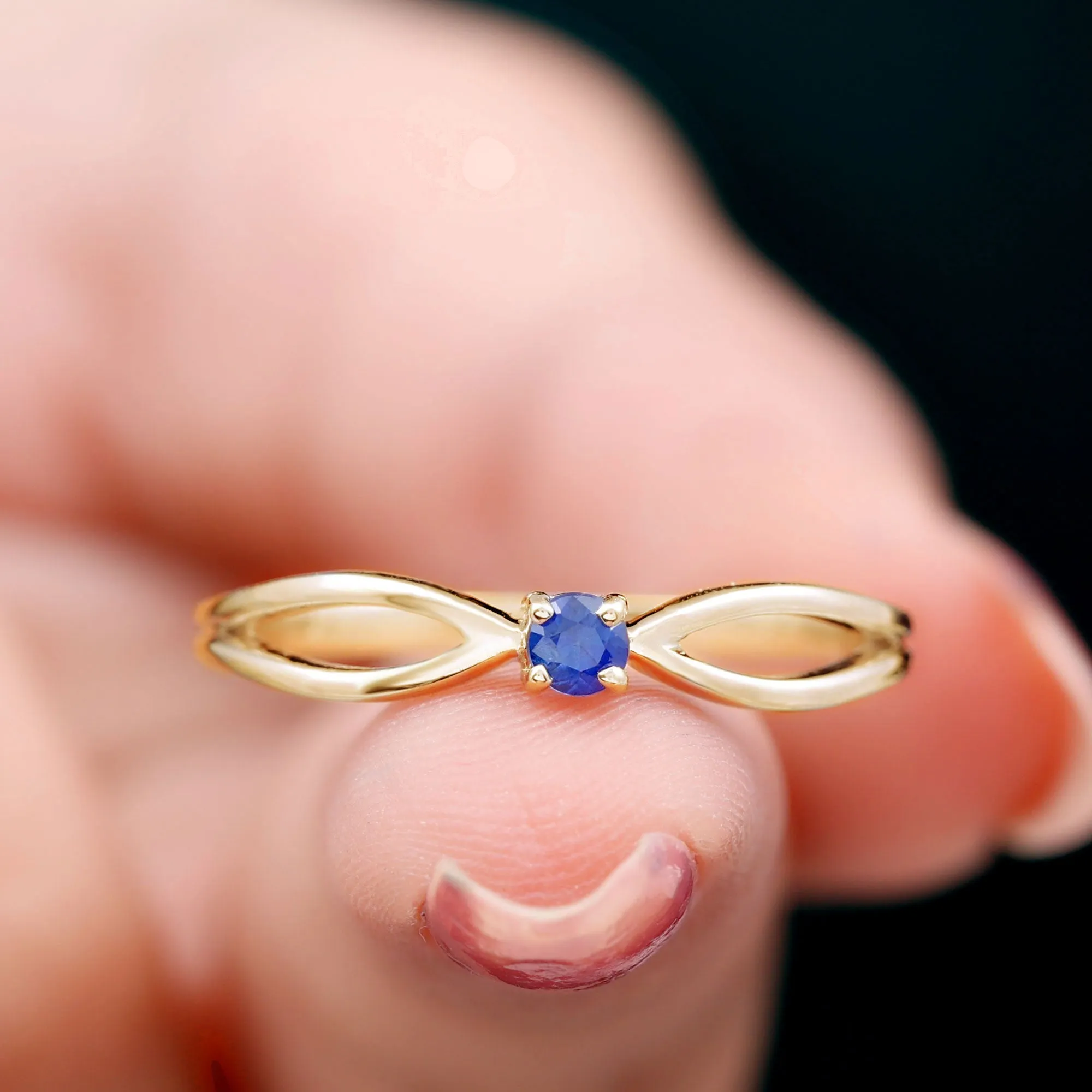 Real Blue Sapphire Minimal Promise Ring with Split Shank