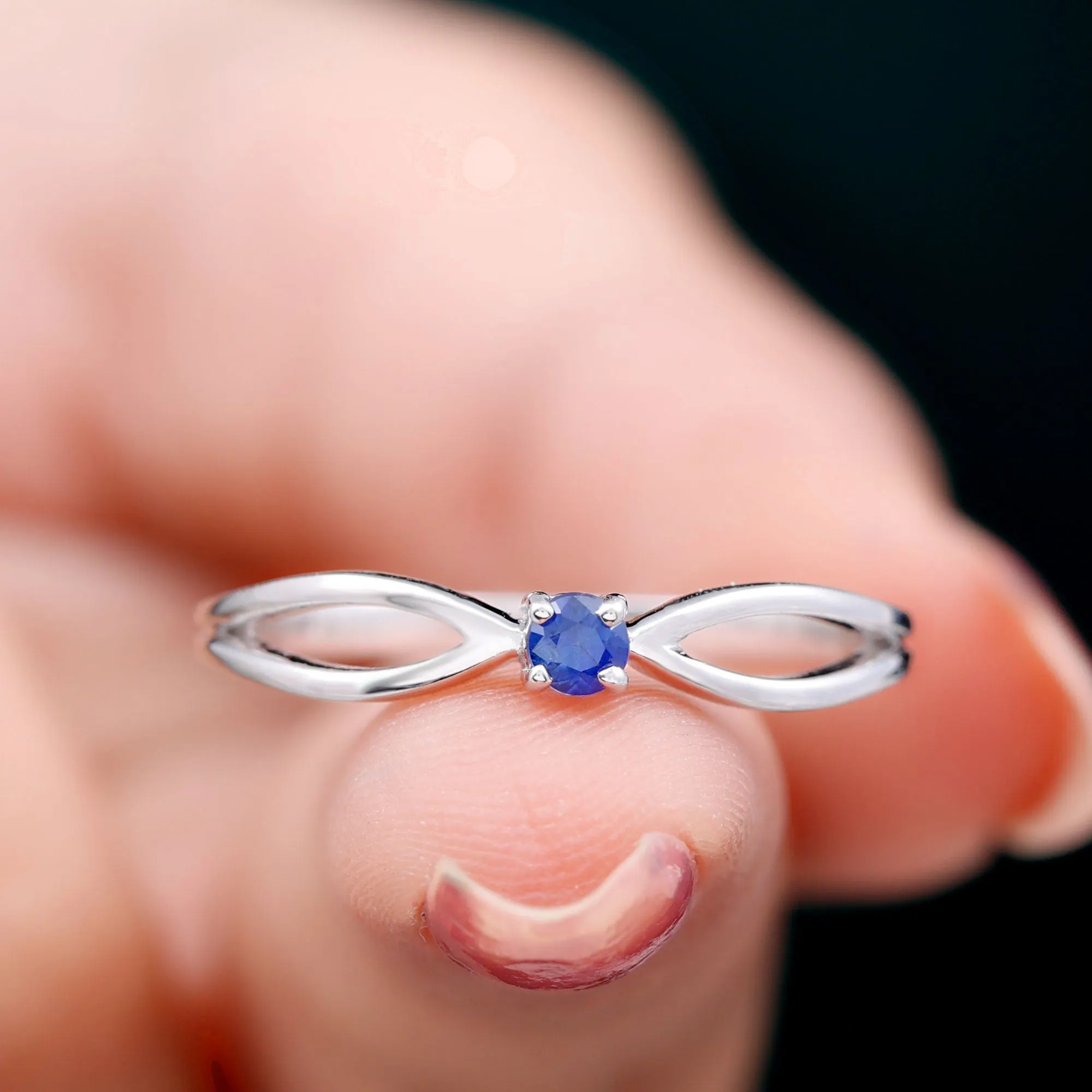 Real Blue Sapphire Minimal Promise Ring with Split Shank