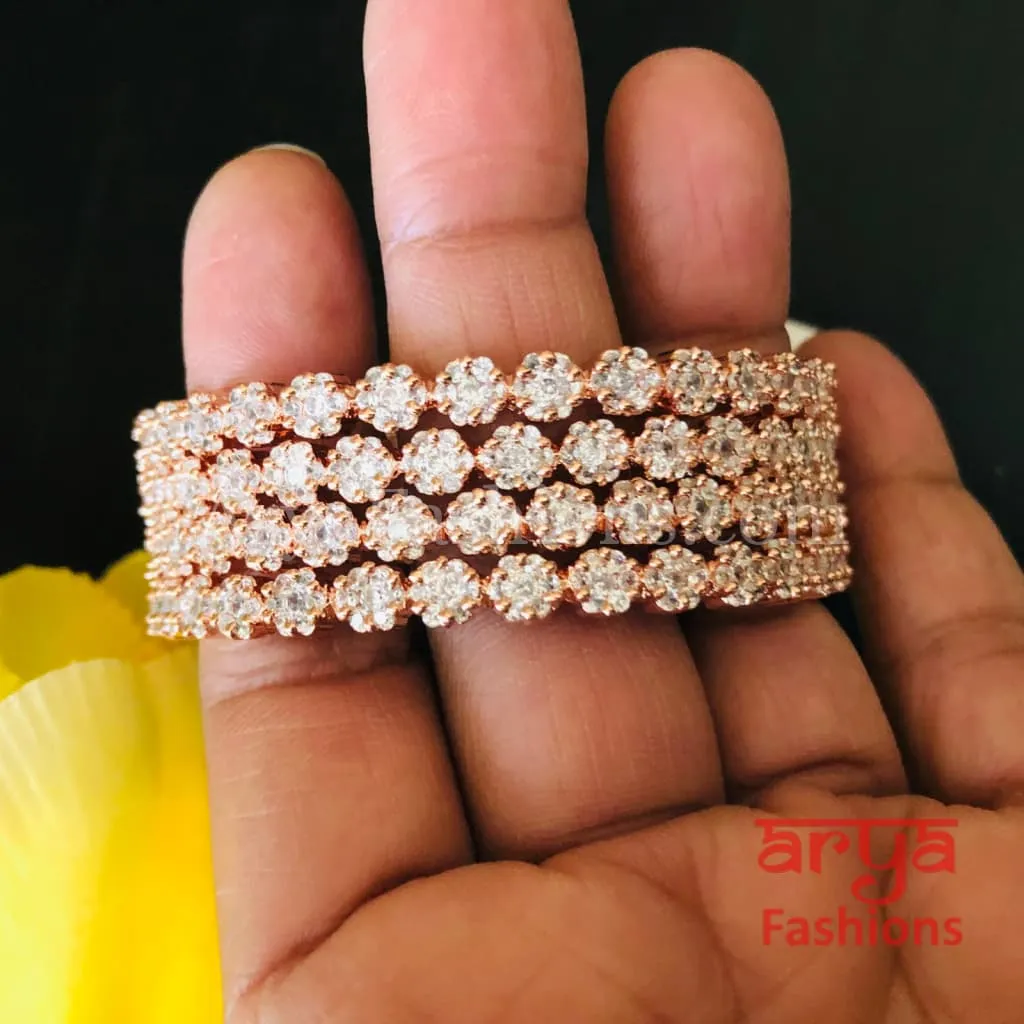 Rose Gold CZ Bangles, Set of 4 Flower CZ Bangles