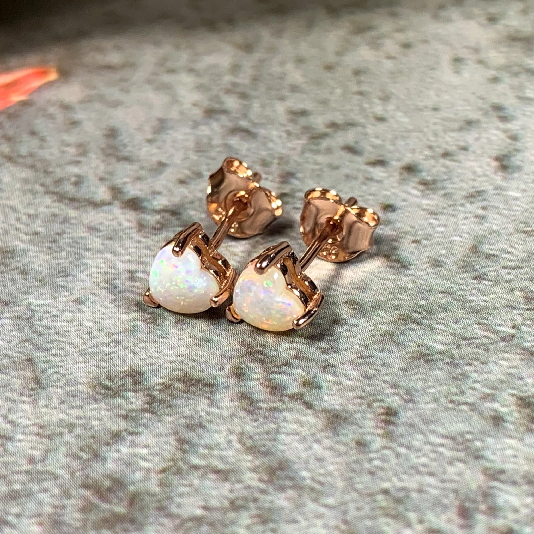 Rose Gold plated silver 5mm heart shape White Opal studs