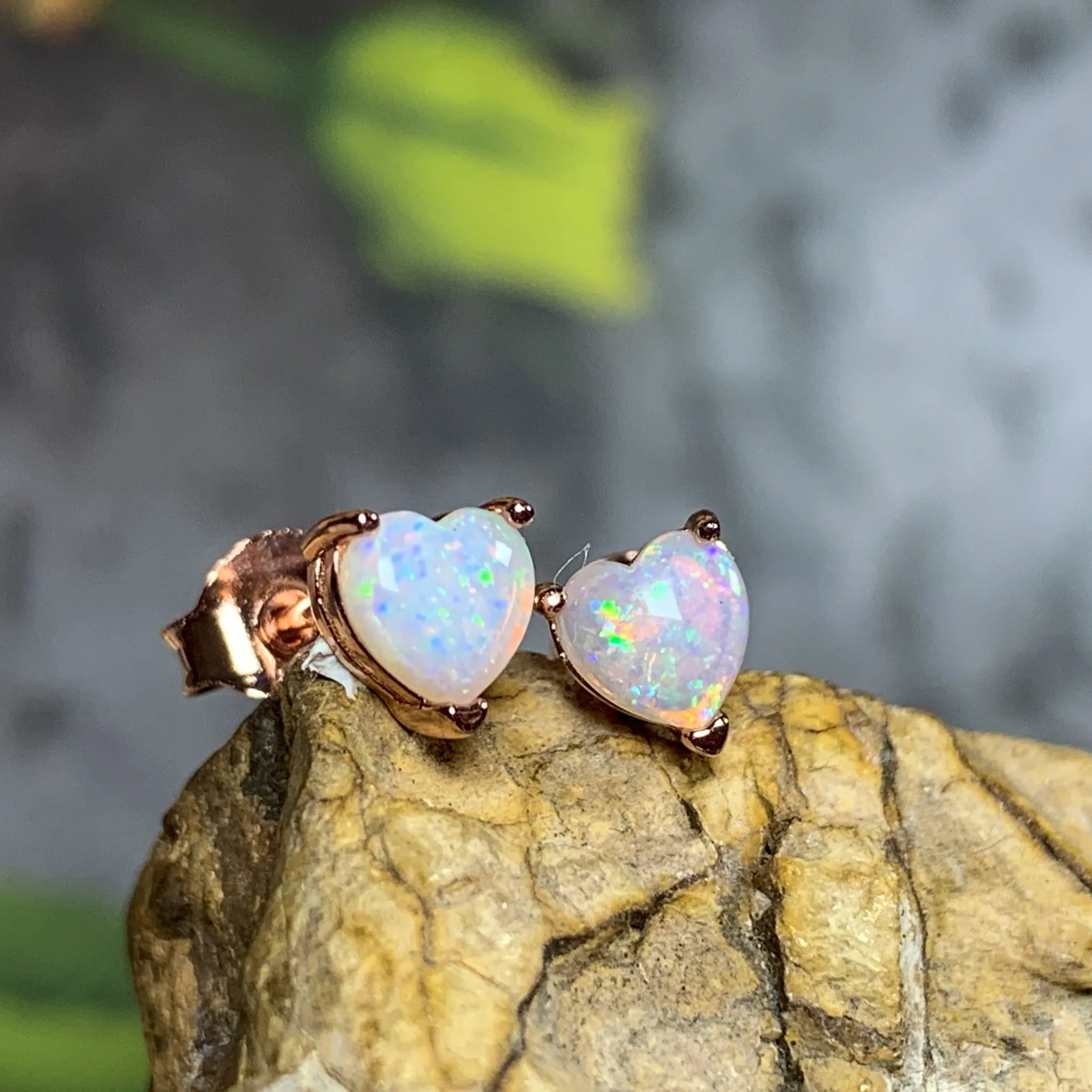 Rose Gold plated silver 5mm heart shape White Opal studs