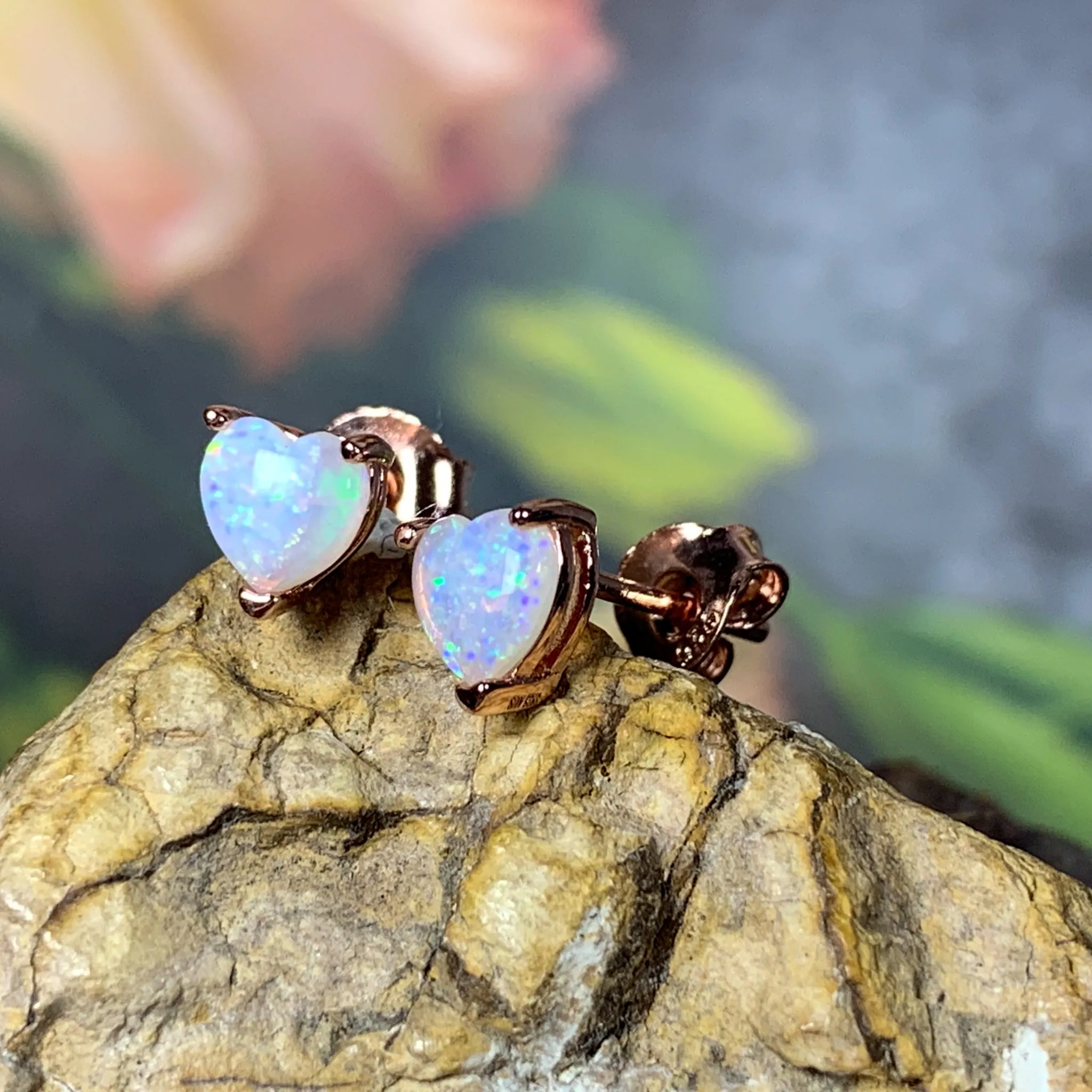Rose Gold plated silver 5mm heart shape White Opal studs