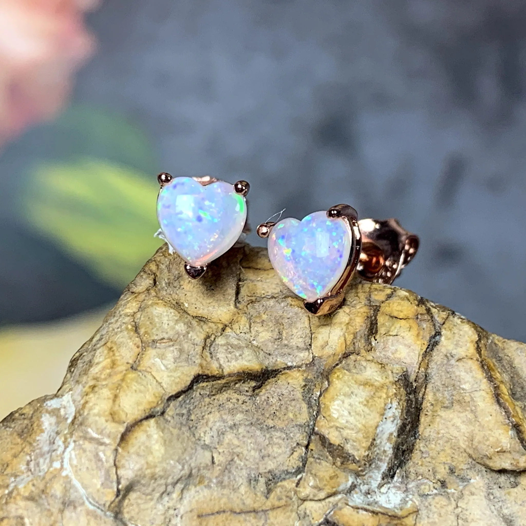 Rose Gold plated silver 5mm heart shape White Opal studs