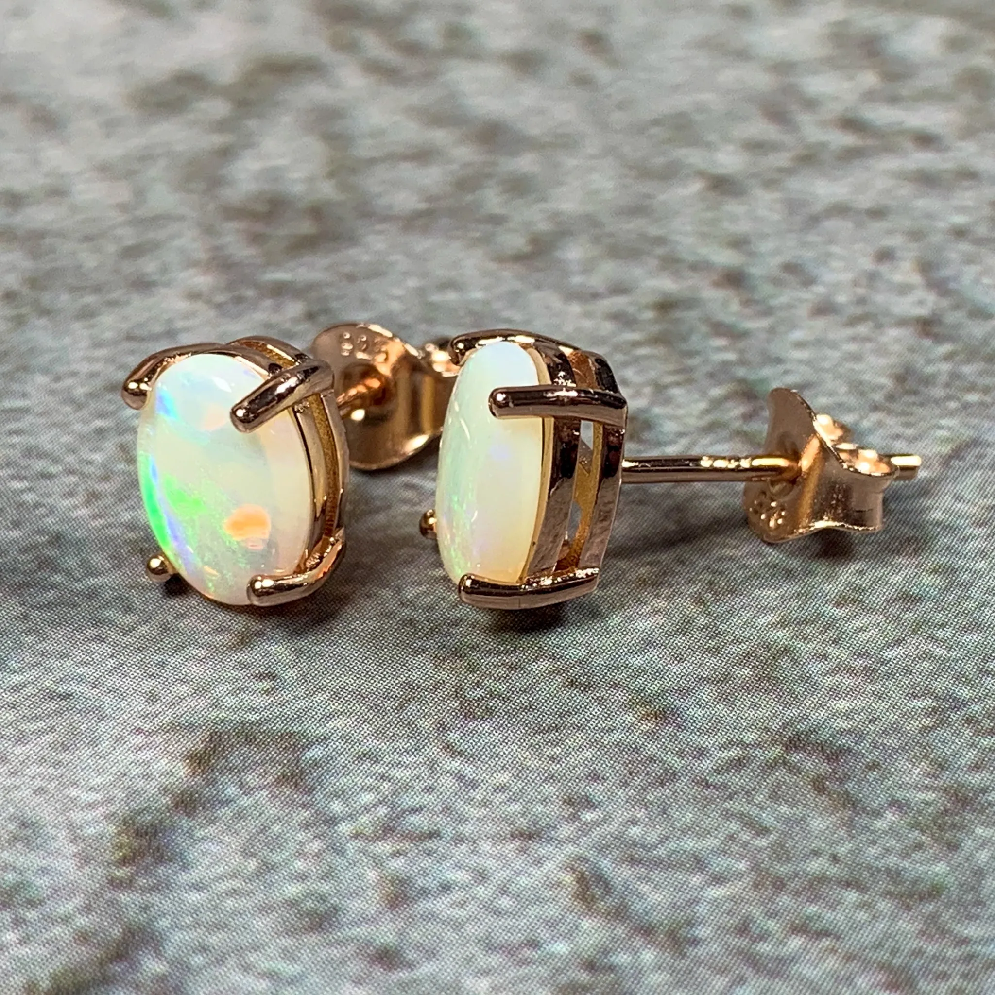 Rose Gold plated silver 8x6mm White Opal studs