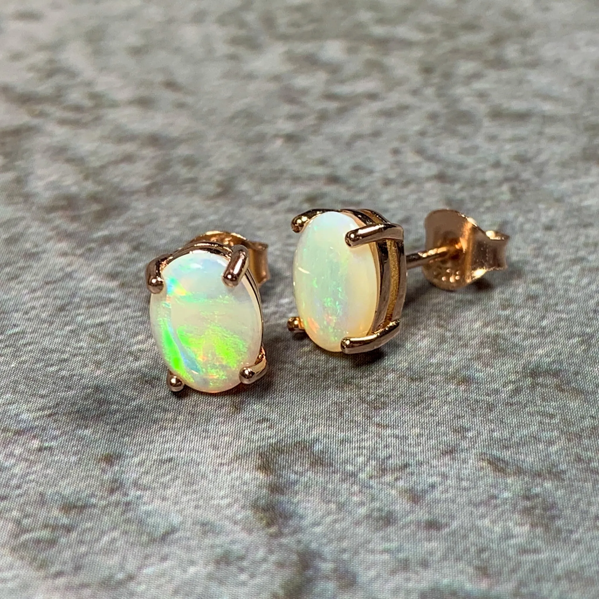 Rose Gold plated silver 8x6mm White Opal studs