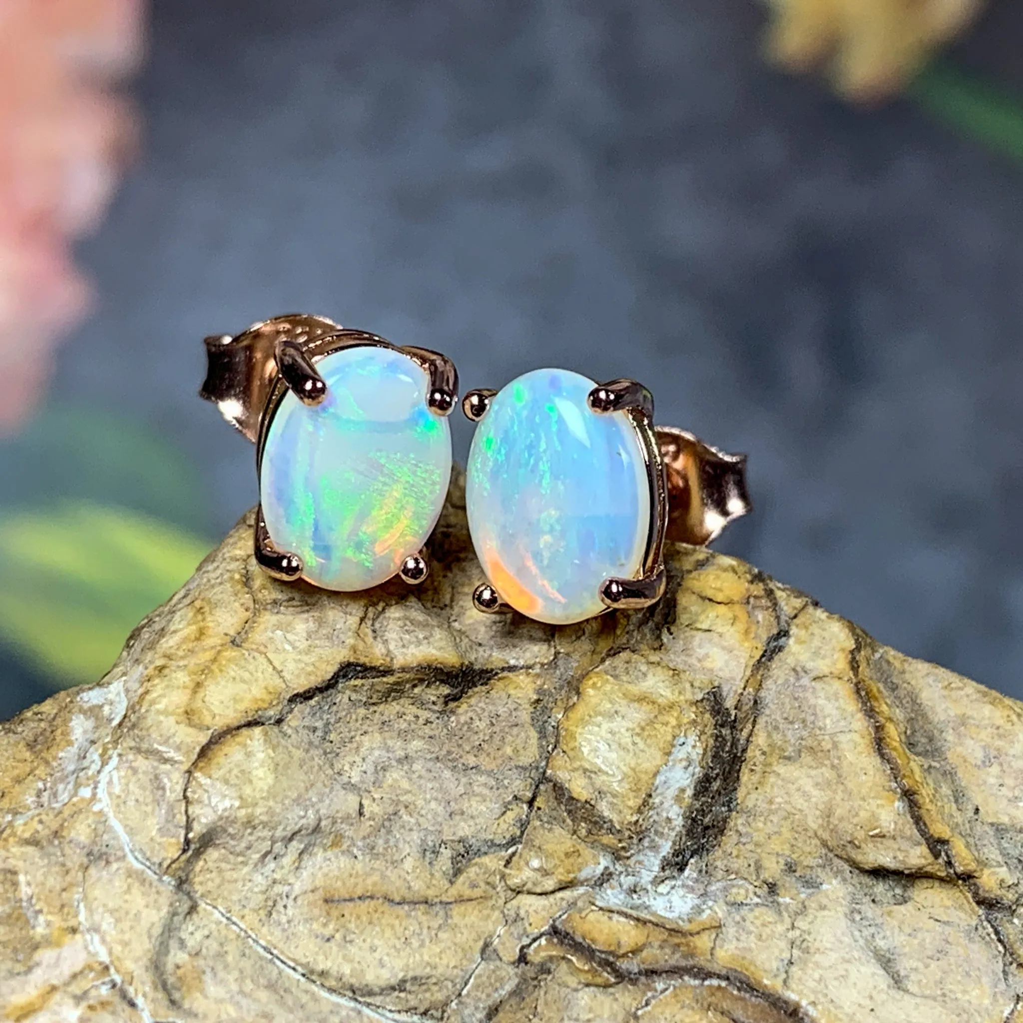 Rose Gold plated silver 8x6mm White Opal studs