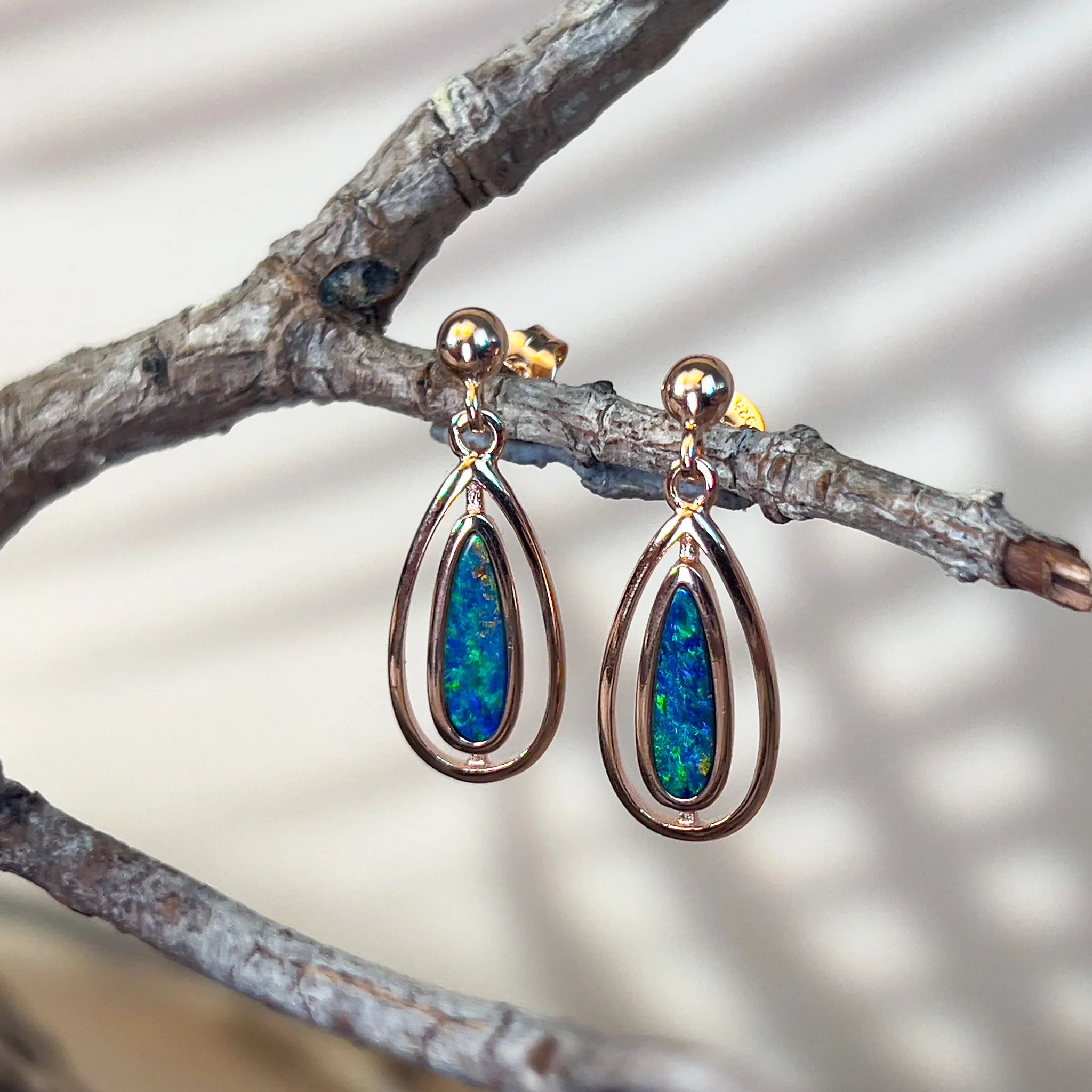 Rose Gold Silver dangling pearshape opal doublet earrings