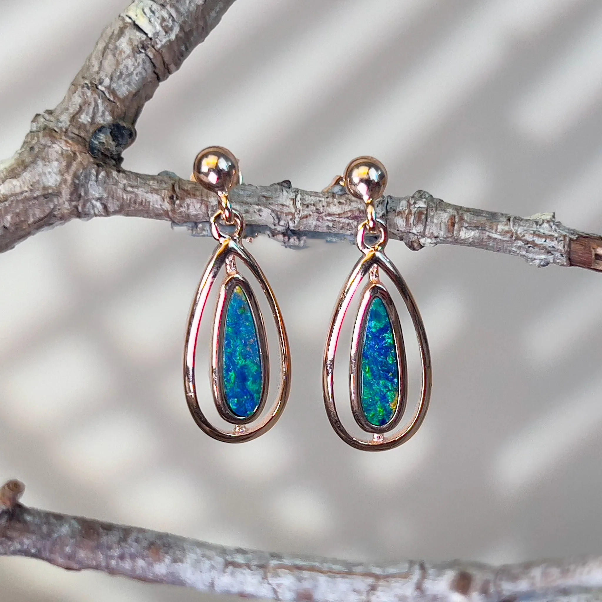 Rose Gold Silver dangling pearshape opal doublet earrings