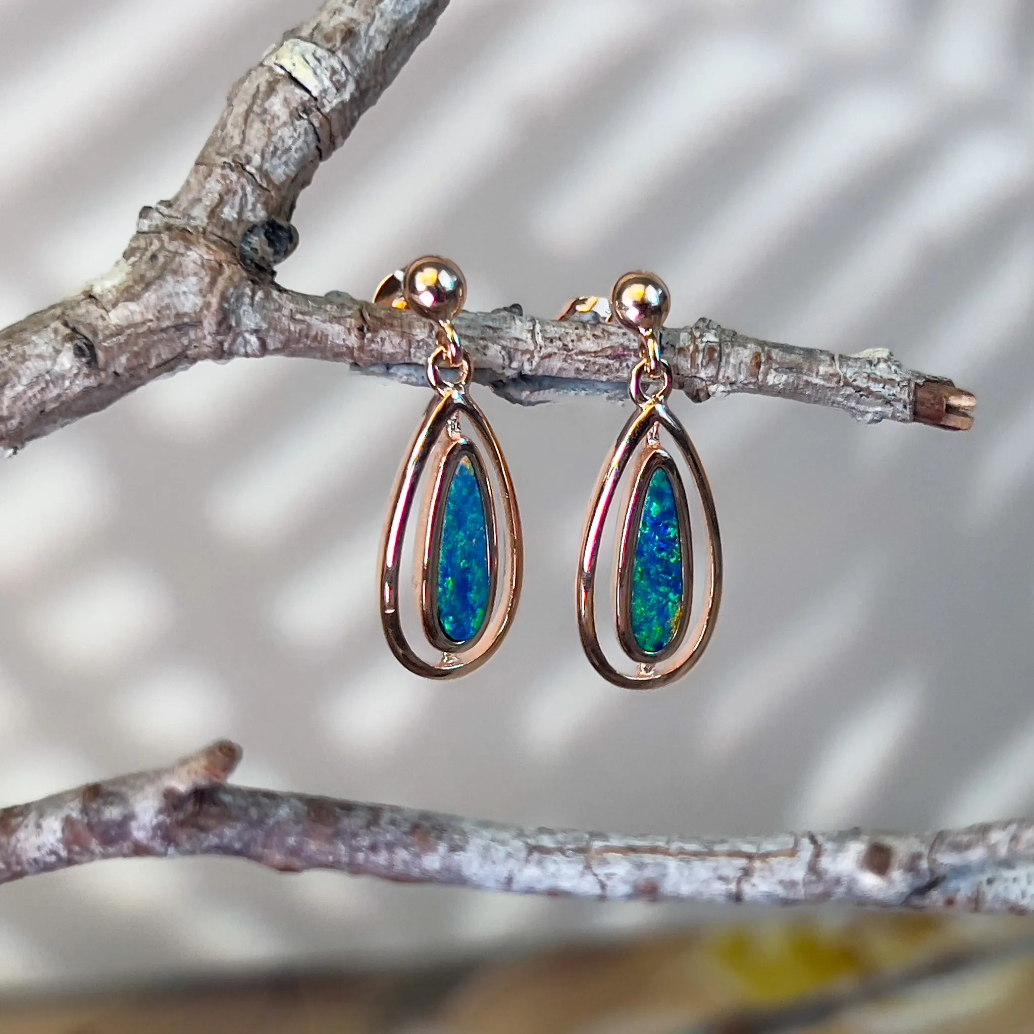 Rose Gold Silver dangling pearshape opal doublet earrings