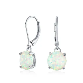 Round Solitaire Created Opal Dangle Gemstone Earrings Sterling Silver 8MM Birthstone