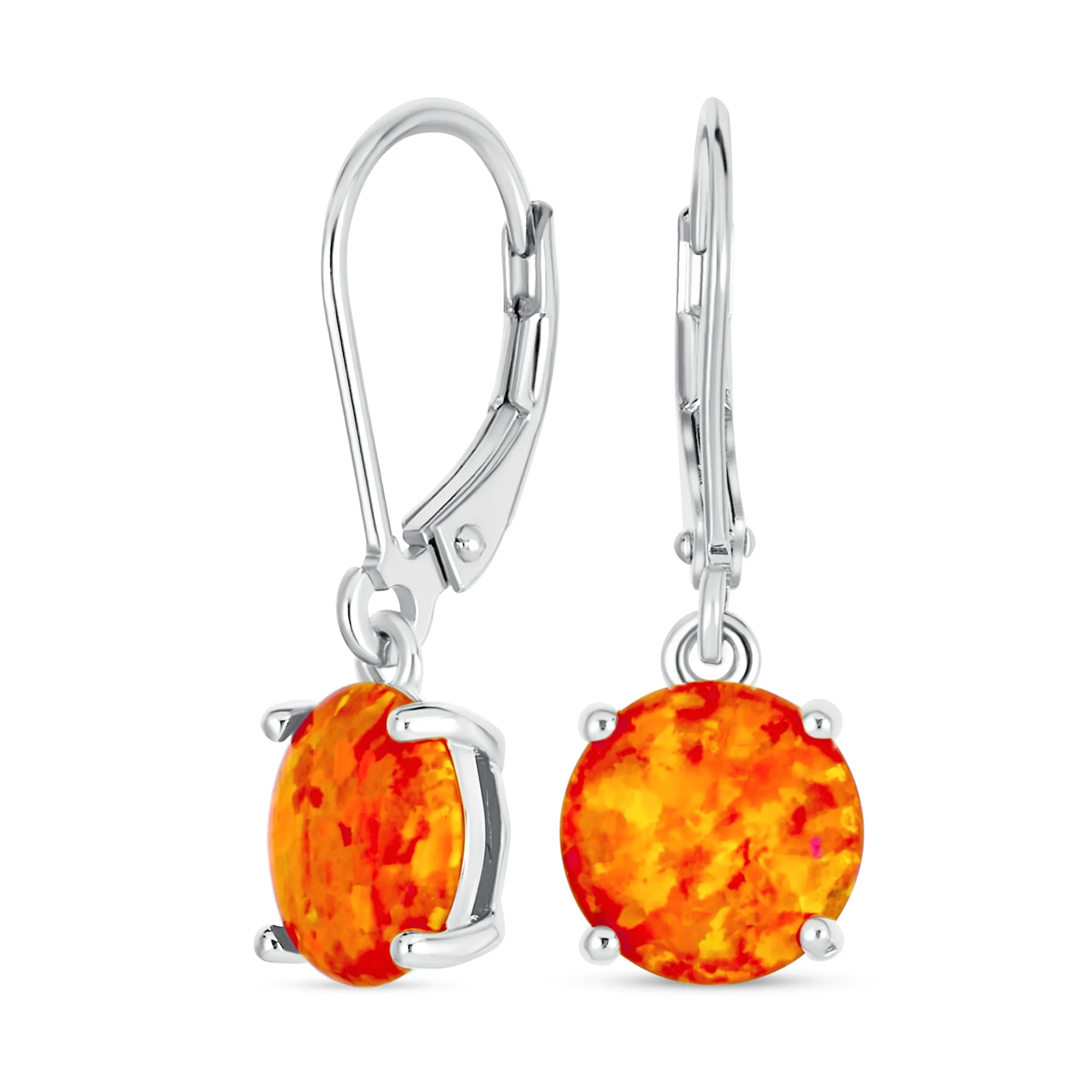 Round Solitaire Created Opal Dangle Gemstone Earrings Sterling Silver 8MM Birthstone