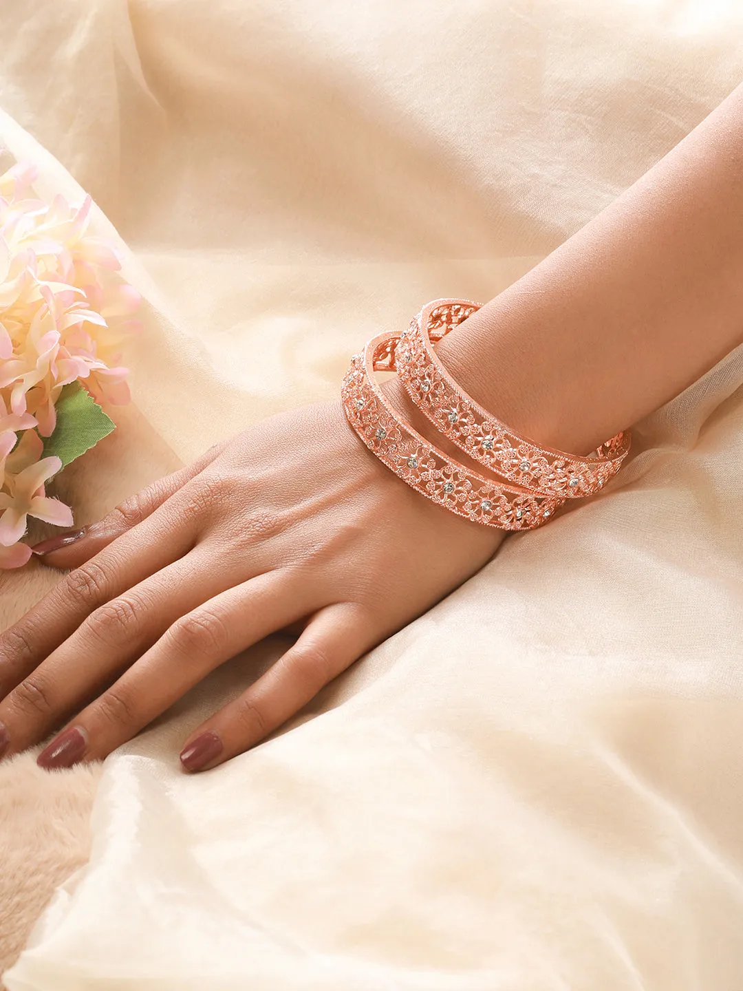 Set Of 2 Rose Gold-Plated Cubic Zirconia Studded Bangles