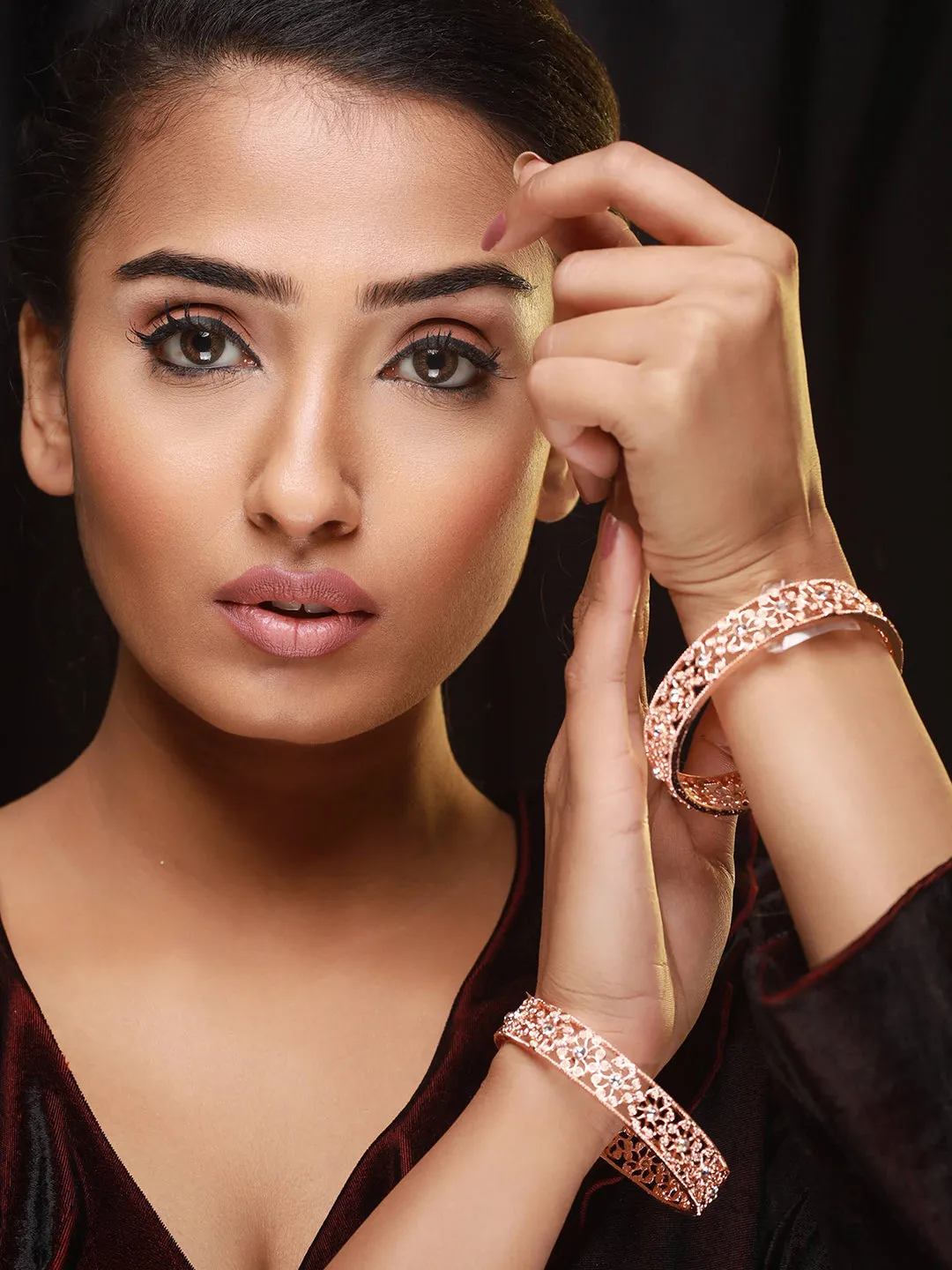 Set Of 2 Rose Gold-Plated Cubic Zirconia Studded Bangles