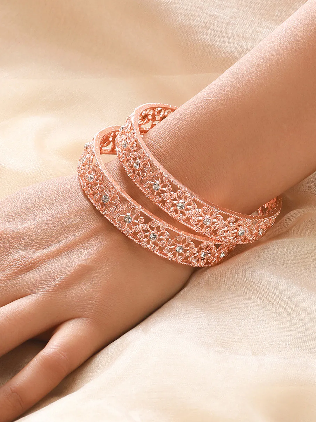 Set Of 2 Rose Gold-Plated Cubic Zirconia Studded Bangles