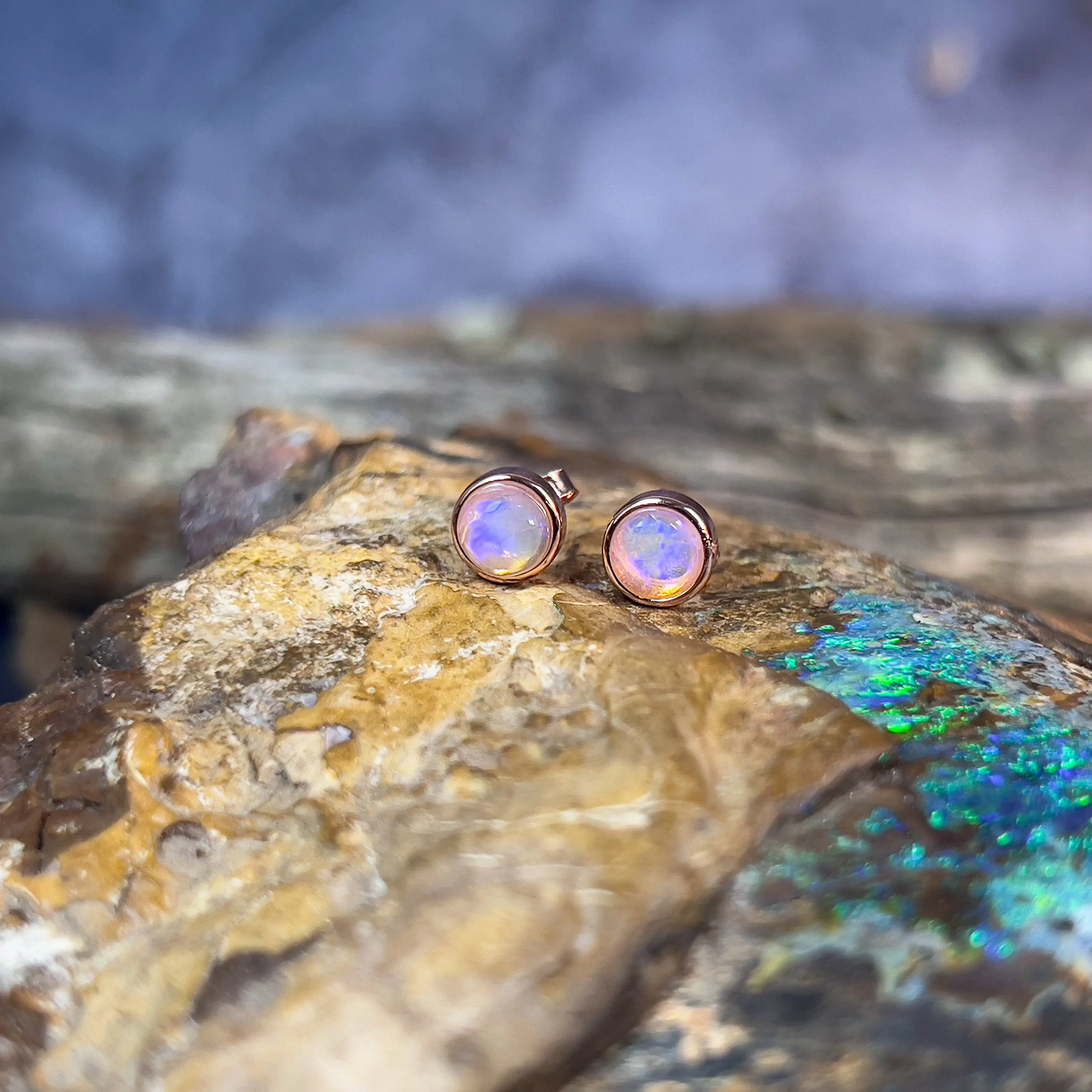 Silver Rose Gold plated 5mm Round Light Opal studs bezel set