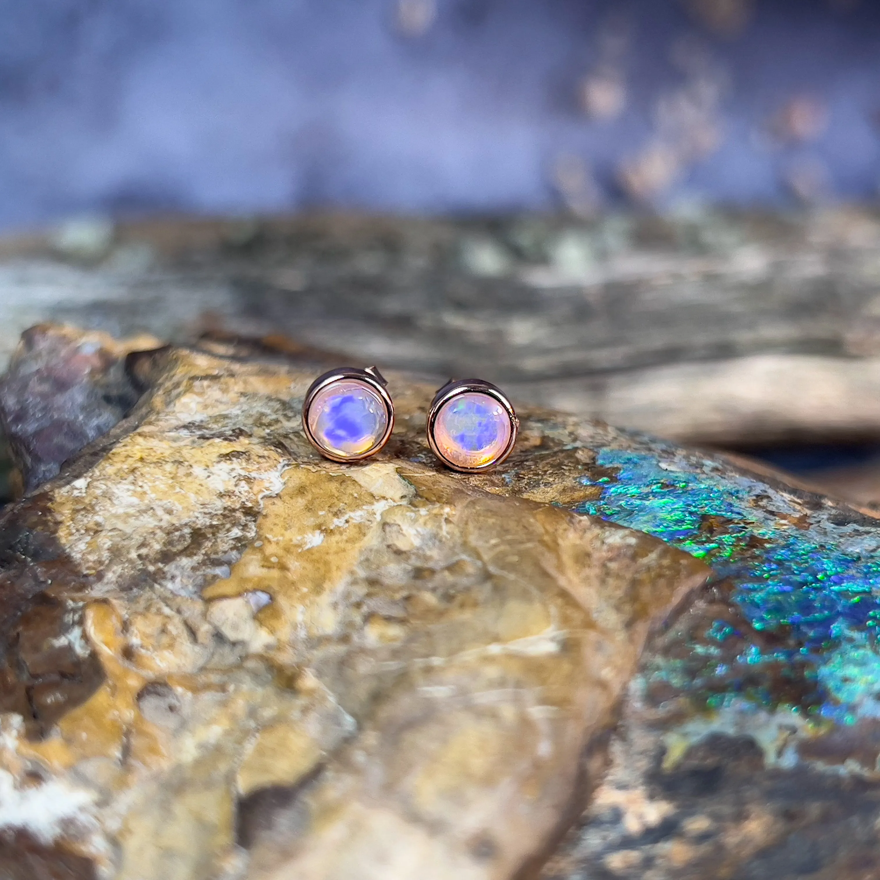 Silver Rose Gold plated 5mm Round Light Opal studs bezel set