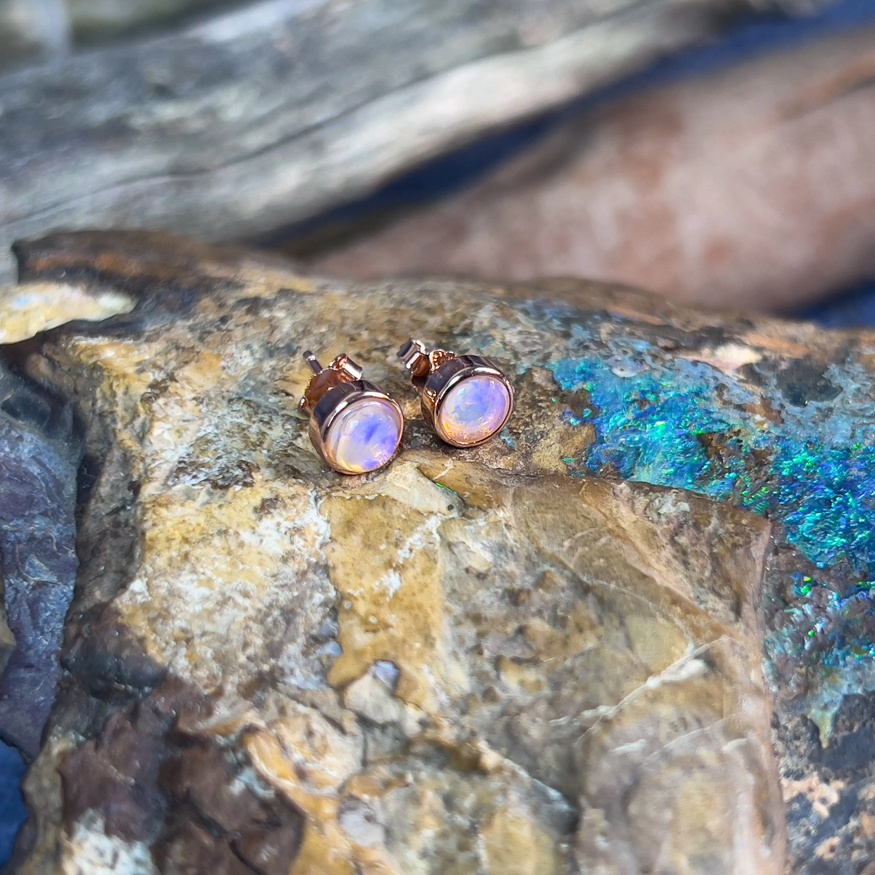 Silver Rose Gold plated 5mm Round Light Opal studs bezel set