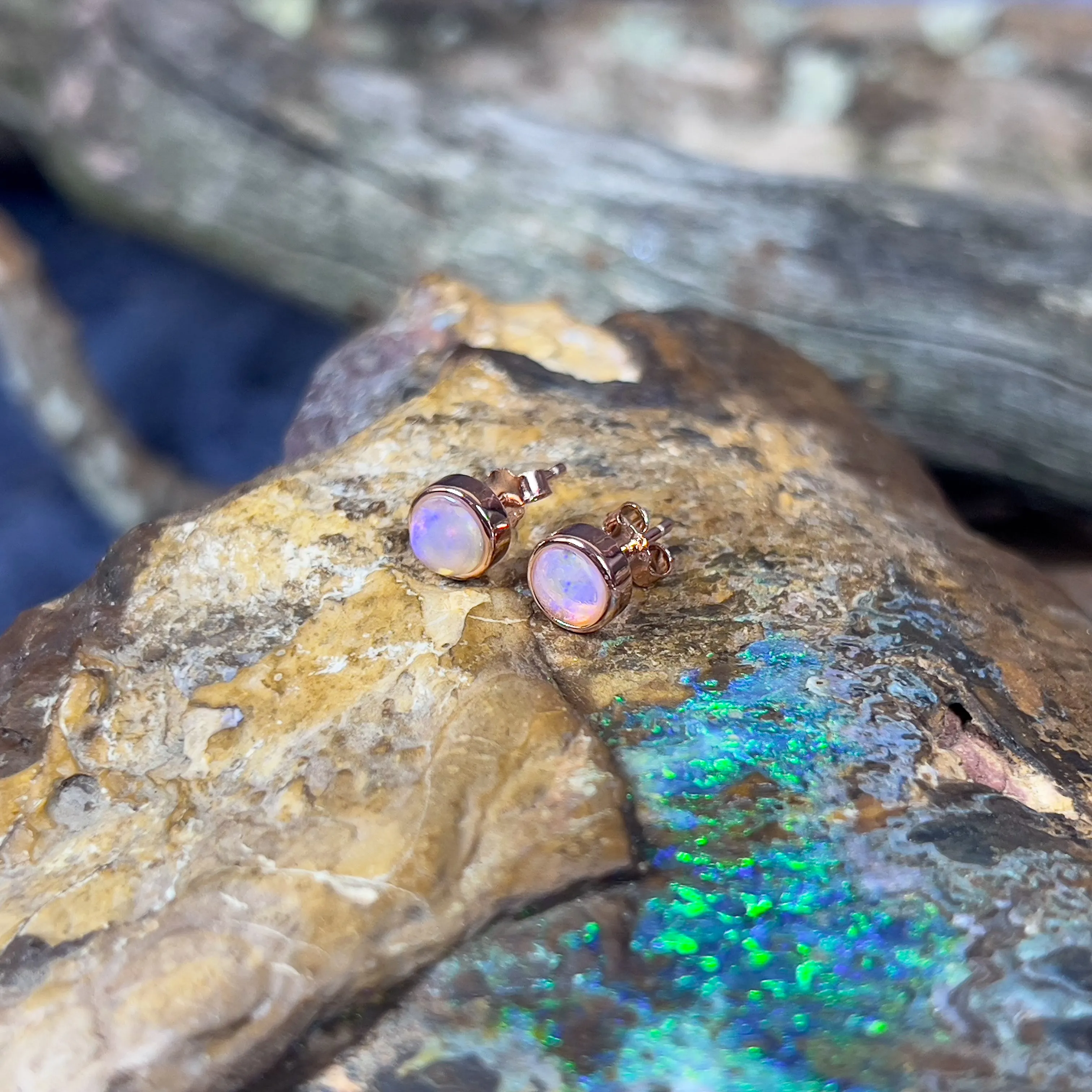 Silver Rose Gold plated 5mm Round Light Opal studs bezel set