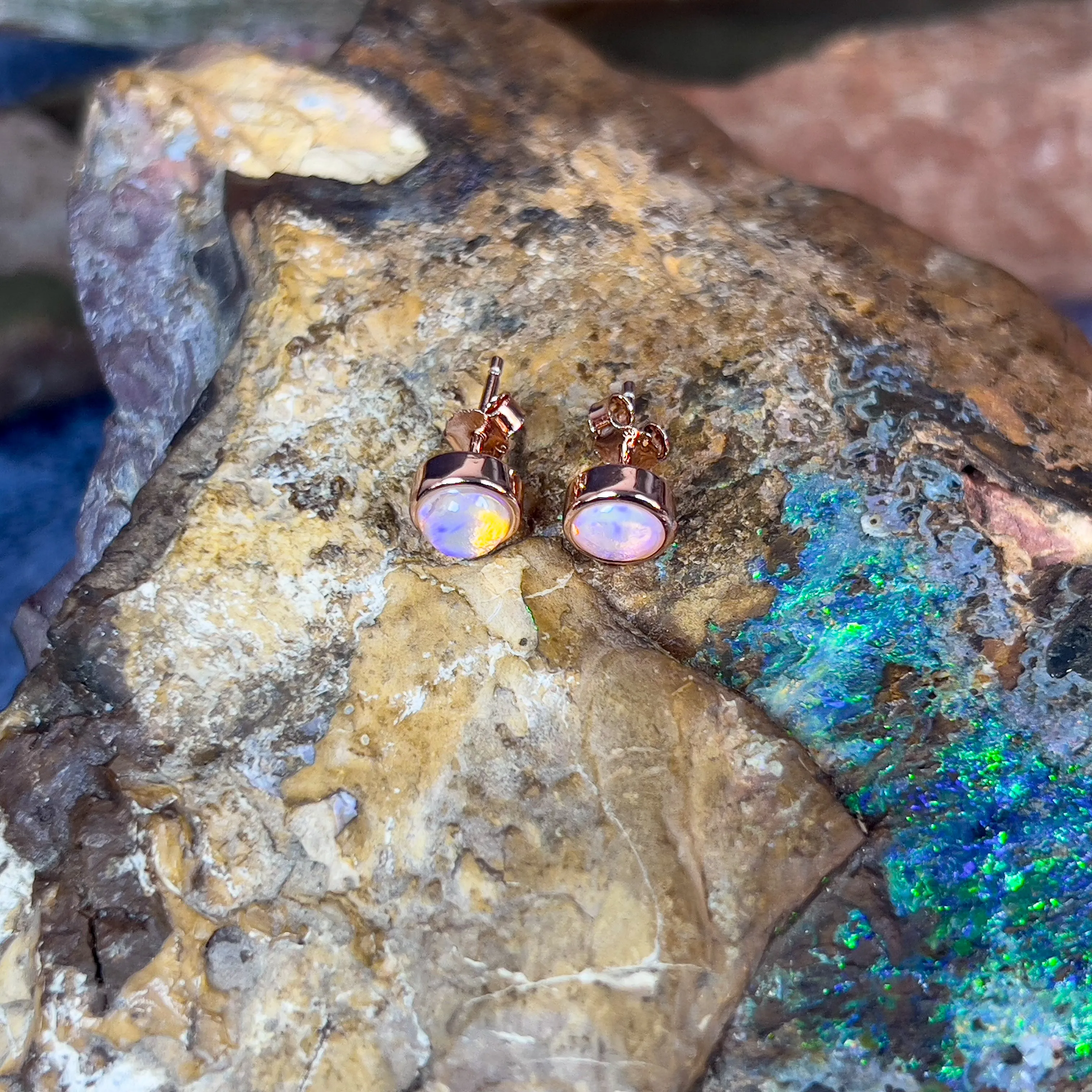 Silver Rose Gold plated 5mm Round Light Opal studs bezel set