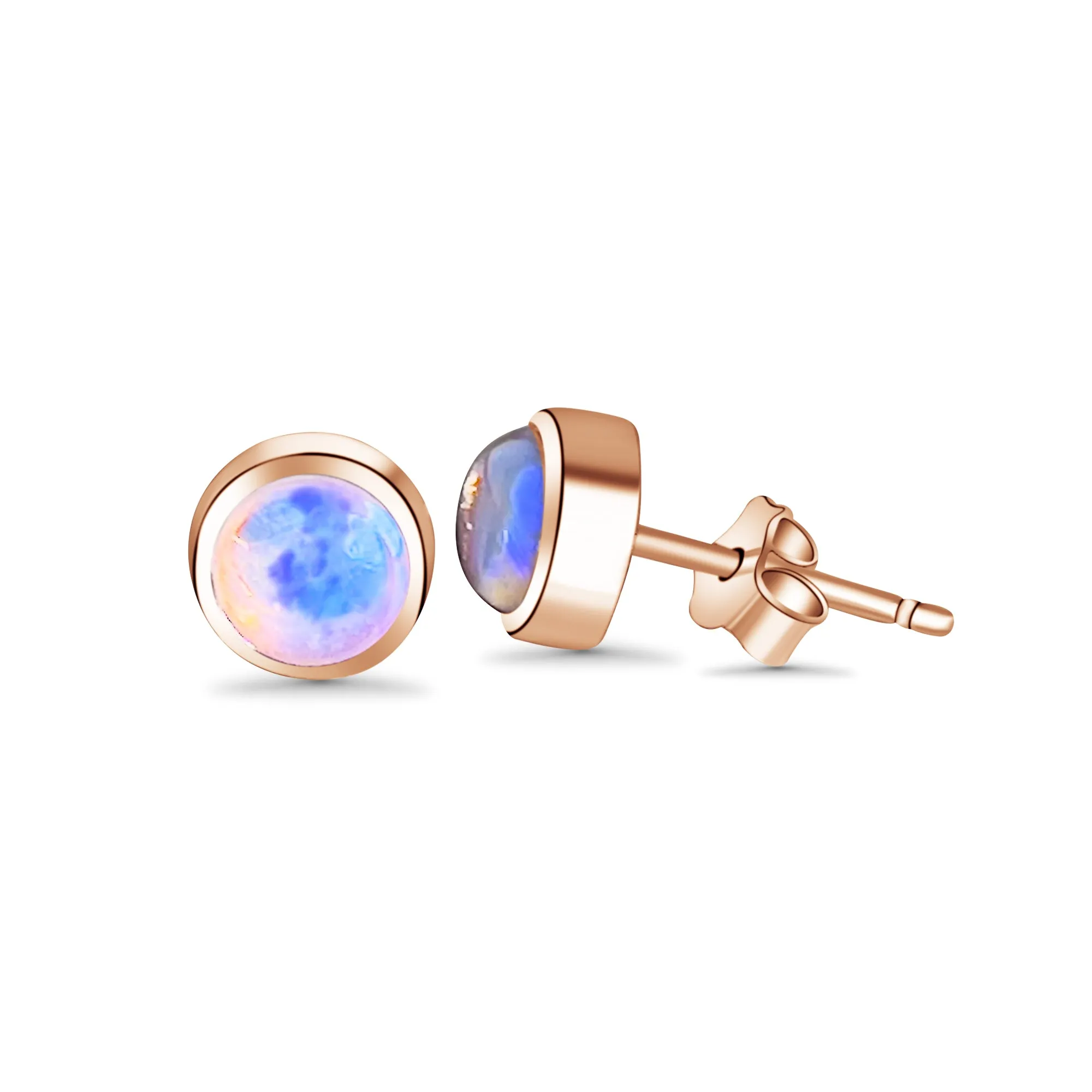 Silver Rose Gold plated 5mm Round Light Opal studs bezel set